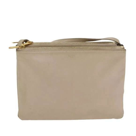 CELINE Trio Shoulder Bag Leather Beige Gold Auth - Picture 1 of 16